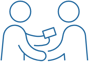 A line drawing of one person handing an employee ID card to another person.