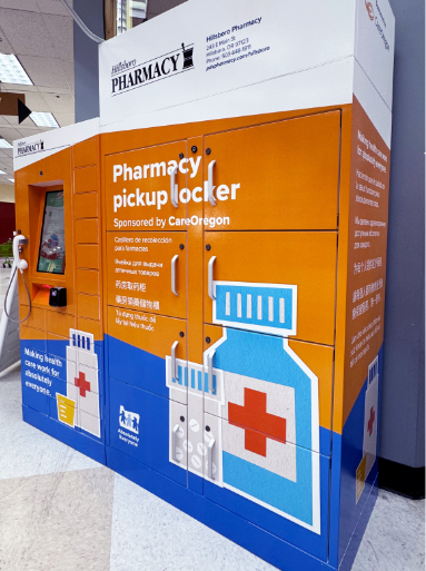 An orange and blue pharmacy pickup locker on location