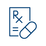 Icon of a prescription paper that says RX on it, with a pill in front of it