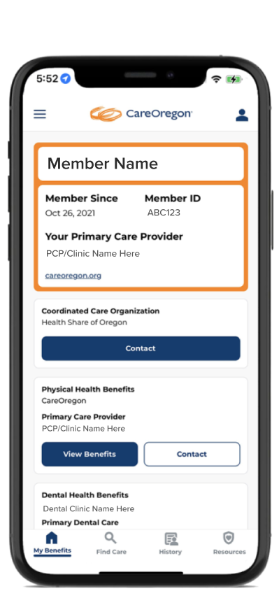A smart phone with the MyCareOregon mobile app, displaying a CareOregon member ID card.