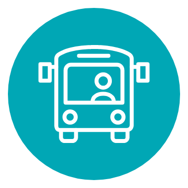 Icon featuring a light blue circle background, with a white outline drawing of a public transit bus