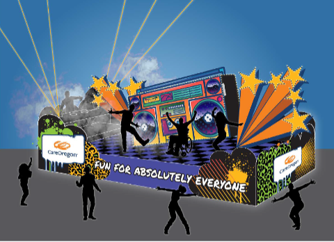 Graphic image of a parade float design that reads